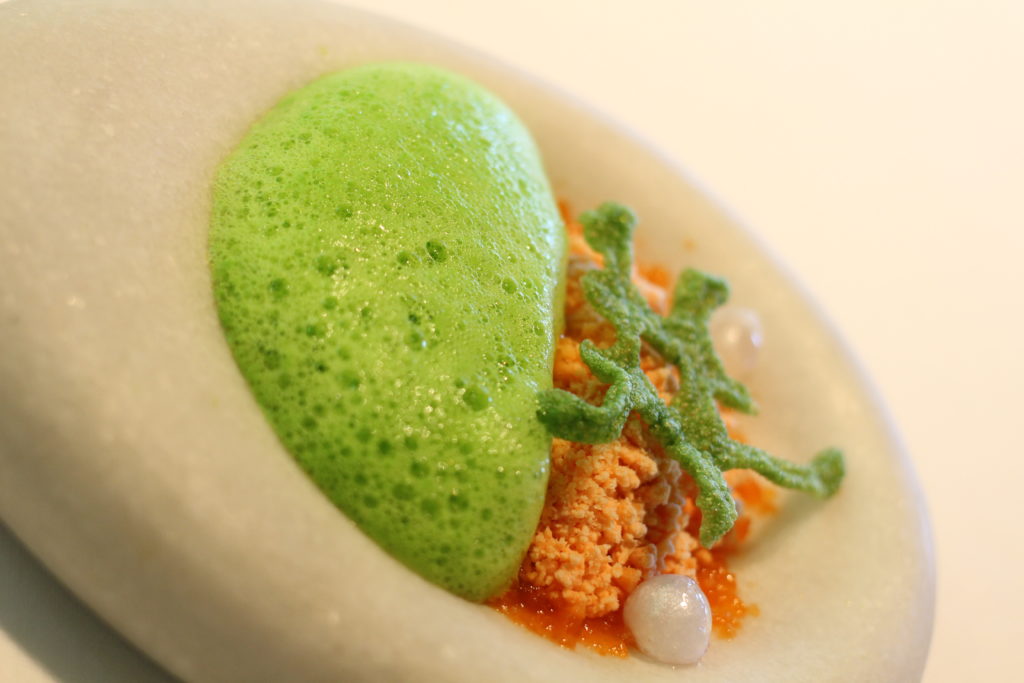 2019 Oyster with green olive juice, wasabi emulsion and crunchy sea lettuce 